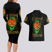 Jack O Lantern Skull Couples Matching Long Sleeve Bodycon Dress and Hawaiian Shirt I Smell Children - Wonder Print Shop