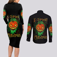 Jack O Lantern Skull Couples Matching Long Sleeve Bodycon Dress and Long Sleeve Button Shirts I Smell Children - Wonder Print Shop
