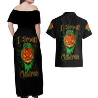 Jack O Lantern Skull Couples Matching Off Shoulder Maxi Dress and Hawaiian Shirt I Smell Children - Wonder Print Shop