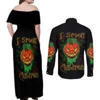 Jack O Lantern Skull Couples Matching Off Shoulder Maxi Dress and Long Sleeve Button Shirts I Smell Children - Wonder Print Shop