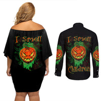 Jack O Lantern Skull Couples Matching Off Shoulder Short Dress and Long Sleeve Button Shirts I Smell Children - Wonder Print Shop