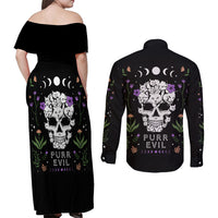 Cat Skull Couples Matching Off Shoulder Maxi Dress and Long Sleeve Button Shirts Purr Evill - Wonder Print Shop