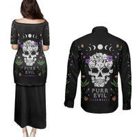 Cat Skull Couples Matching Puletasi Dress and Long Sleeve Button Shirts Purr Evill - Wonder Print Shop