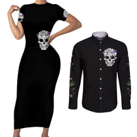 Cat Skull Couples Matching Short Sleeve Bodycon Dress and Long Sleeve Button Shirts Purr Evill - Wonder Print Shop