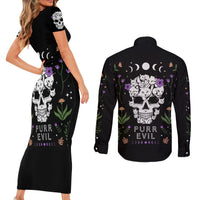 Cat Skull Couples Matching Short Sleeve Bodycon Dress and Long Sleeve Button Shirts Purr Evill - Wonder Print Shop