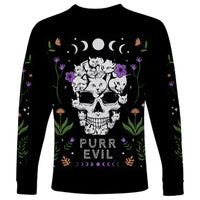 Cat Skull Long Sleeve Shirt Purr Evill - Wonder Print Shop