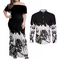 Fire Skull Couples Matching Off Shoulder Maxi Dress and Long Sleeve Button Shirts Scream In Fire - Wonder Print Shop