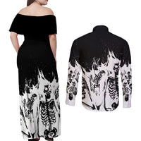 Fire Skull Couples Matching Off Shoulder Maxi Dress and Long Sleeve Button Shirts Scream In Fire - Wonder Print Shop