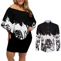 Fire Skull Couples Matching Off Shoulder Short Dress and Long Sleeve Button Shirts Scream In Fire - Wonder Print Shop