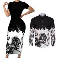Fire Skull Couples Matching Short Sleeve Bodycon Dress and Long Sleeve Button Shirts Scream In Fire - Wonder Print Shop