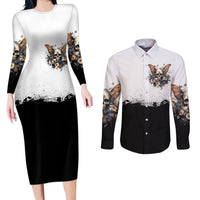 Butterfly Skull Couples Matching Long Sleeve Bodycon Dress and Long Sleeve Button Shirts Flower Butterfly Gothic Skull - Wonder Print Shop
