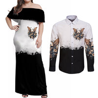 Butterfly Skull Couples Matching Off Shoulder Maxi Dress and Long Sleeve Button Shirts Flower Butterfly Gothic Skull - Wonder Print Shop