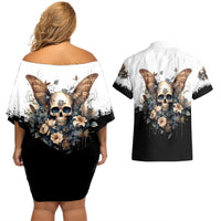 Butterfly Skull Couples Matching Off Shoulder Short Dress and Hawaiian Shirt Flower Butterfly Gothic Skull - Wonder Print Shop