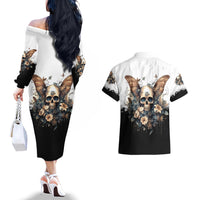 Butterfly Skull Couples Matching Off The Shoulder Long Sleeve Dress and Hawaiian Shirt Flower Butterfly Gothic Skull - Wonder Print Shop