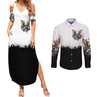 Butterfly Skull Couples Matching Summer Maxi Dress and Long Sleeve Button Shirts Flower Butterfly Gothic Skull - Wonder Print Shop