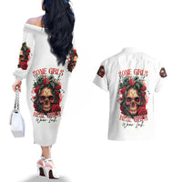 Rose Skull Couples Matching Off The Shoulder Long Sleeve Dress and Hawaiian Shirt Some Girl Wear Pink Real Girl Wear Ink - Wonder Print Shop