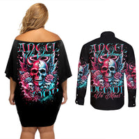 Couple Skull Couples Matching Off Shoulder Short Dress and Long Sleeve Button Shirt She Was And Angel Craving Chaos Demon Seeking Peace - Wonder Print Shop