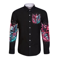 Couple Skull Long Sleeve Button Shirt She Was And Angel Craving Chaos Demon Seeking Peace - Wonder Print Shop