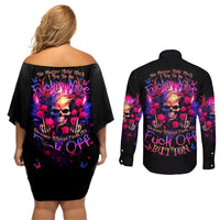 Rose Skull Couples Matching Off Shoulder Short Dress and Long Sleeve Button Shirt No Matter How Much I Try To Be Fucking Nice - Wonder Print Shop