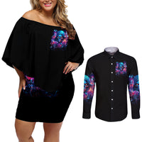 Flame Skull Couples Matching Off Shoulder Short Dress and Long Sleeve Button Shirt While You Are Talking Behind My Back Freel Free To Bend Down And Kiss My Ass - Wonder Print Shop