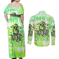 Irish Skull Couples Matching Off Shoulder Maxi Dress and Long Sleeve Button Shirt Drink Up Bitch - Wonder Print Shop