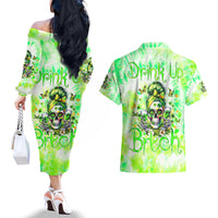 Irish Skull Couples Matching Off The Shoulder Long Sleeve Dress and Hawaiian Shirt Drink Up Bitch - Wonder Print Shop