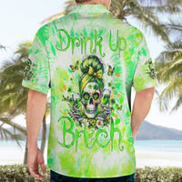Green Hawaiian shirt with skull 'Drink Up Bitch' back print, short sleeves and button front
