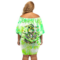 Irish Skull Off Shoulder Short Dress Drink Up Bitch - Wonder Print Shop