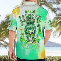 Green Hawaiian shirt with leprechaun skull, “Lucky,” and “Mama” back graphic