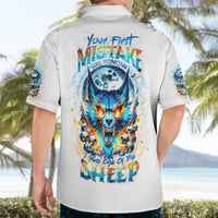 Light gray button-up short sleeve shirt with large wolf skull graphic on the back