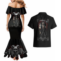 Black mermaid dress and black skull Hawaiian shirt, back graphic with off-shoulder