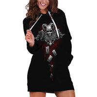 Black hoodie dress with skull graphic and hood, long sleeves, front pocket
