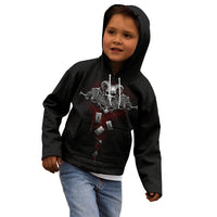 Black pullover hoodie on a child with hood up and front reaper skull graphic