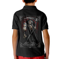 Kids black polo shirt with back reaper Death illustration