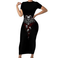 Black short-sleeve bodycon long dress with skull graphic at waist