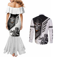Mermaid dress and button shirt set, skull graphic on back; black-and-white
