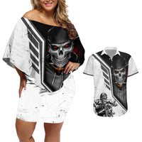 Skull Couples Matching Off Shoulder Short Dress and Hawaiian Shirt Riding Motocycle - Wonder Print Shop