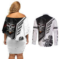 Skull Couples Matching Off Shoulder Short Dress and Long Sleeve Button Shirts Riding Motocycle - Wonder Print Shop