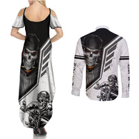 Skull graphic maxi dress and long-sleeve button shirt set, back view, black/white