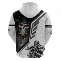 White pullover hoodie, back view: skull with red eyes and racing rider graphic