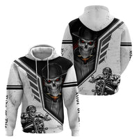 White pullover hoodie front and back: skull with red eyes over motorcycle rider artwork