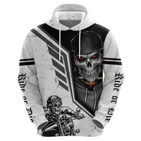 White pullover hoodie front: skull face with red eyes, motorcycle rider illustration