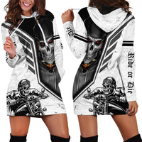 White and black skull graphic hoodie dress with motorcycle rider print and hood