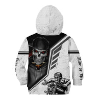 Kids white pullover hoodie with skull graphic, rider art, sleeve text, hood up