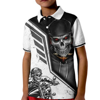Kids polo shirt with black and white graphic skull and racing helmet, short sleeves