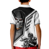 Kids polo shirt back view with skull biker graphic and racing stripes, short sleeves