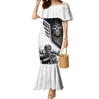 Women’s white off-shoulder mermaid dress with skull biker graphic, short sleeves