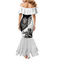 Women’s white off-shoulder mermaid maxi dress, black center print with skull
