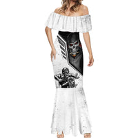 Women’s white off-shoulder mermaid dress with vertical skull biker artwork