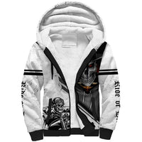 White sherpa hoodie with skull graphic, black accents, and front kangaroo pocket
